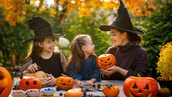 family preparing for Halloween - Stock Photo - Images