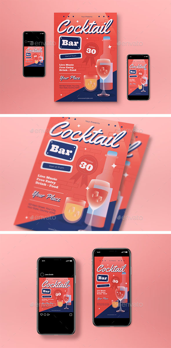 Red Art Deco Cocktail Bar Flyer Set