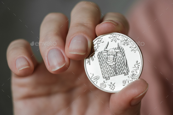 The person holds in his hand a commemorative coin dedicated to the year of the bull