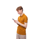 young slender handsome student man with short red hair dressed in a yellow t-shirt chatting on the - PhotoDune Item for Sale
