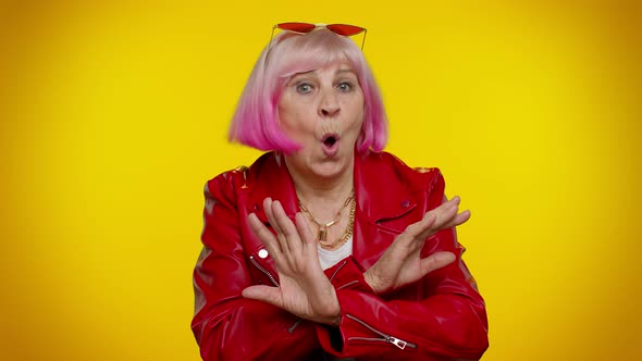 Confused Senior Old Granny Woman Pointing Fingers Himself Ask Say Who Me No Thanks i Do Not Need It alt