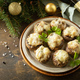 Traditional Polish Christmas dish on the table. Baked mushrooms stuffed with meat, bacon and cheese. - PhotoDune Item for Sale