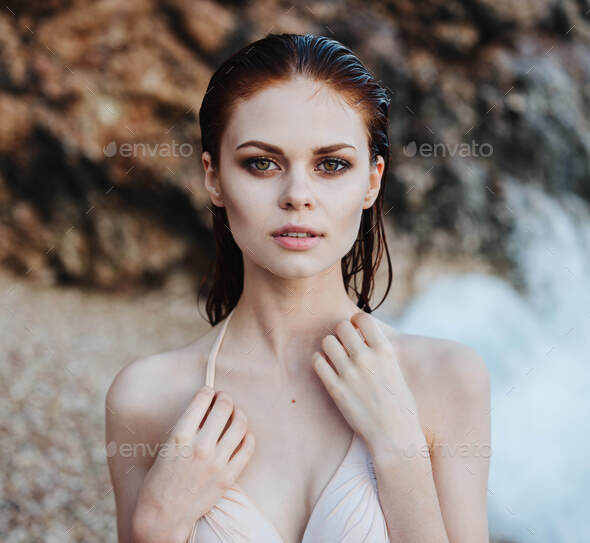 Sexy Woman In Bikini Model Swimsuit Wet Hair Transparent Ocean Water White Foam Stock Photo By