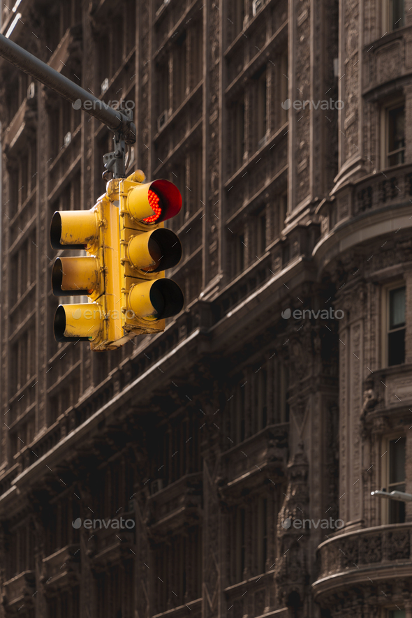 Vertical landscape of an American traffic light in New York City