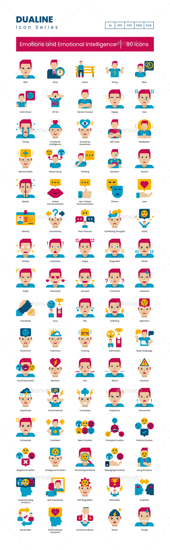 80 Emotions and Emotional Intelligence Icons | Dualine Flat Series
