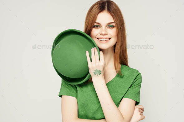 holiday Saint Patrick\'s Day shamrock girl fun Green clothing light background