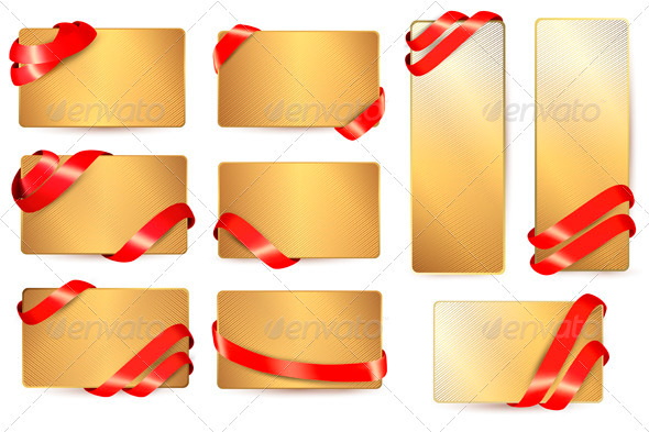 Set of Gold Business Cards with Red Ribbons - Borders Decorative