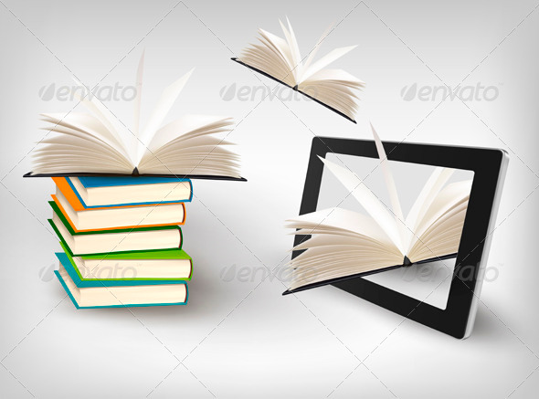 Books Flying in a Tablet Vector Illustration - Technology Conceptual