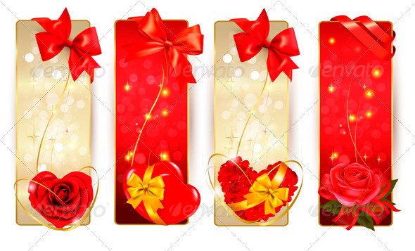 Set of Beautiful Cards with Red Gift Bows - Valentines Seasons/Holidays