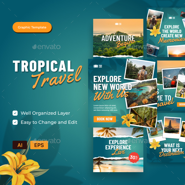 Tropical Travel Social Media Template AI