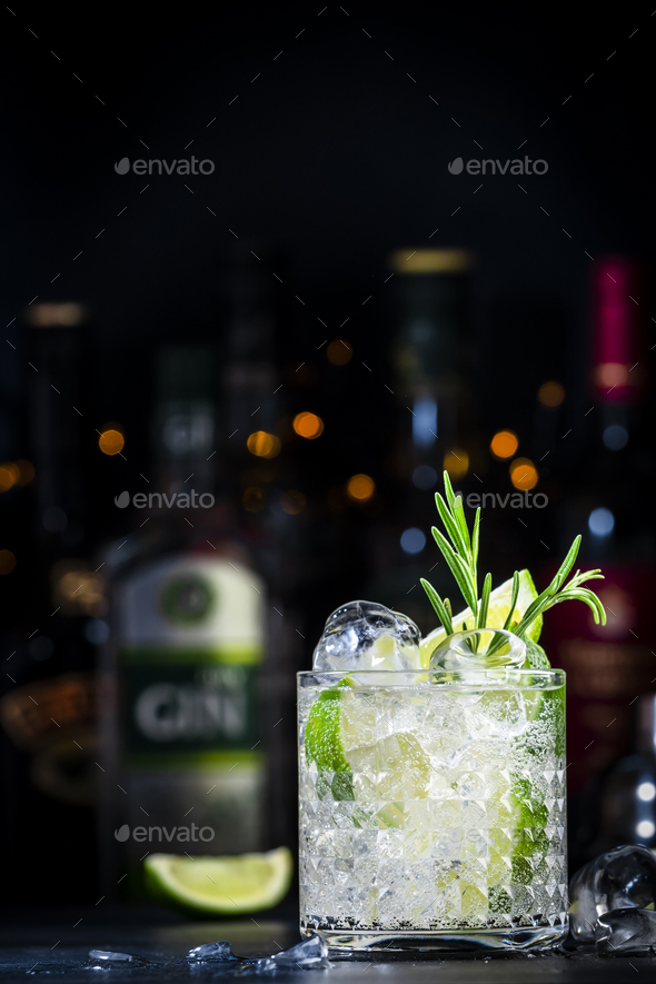 Gin fizz cocktail drink with dry gin, lime juice, sugar syrup, soda, fresh rosemary and ice
