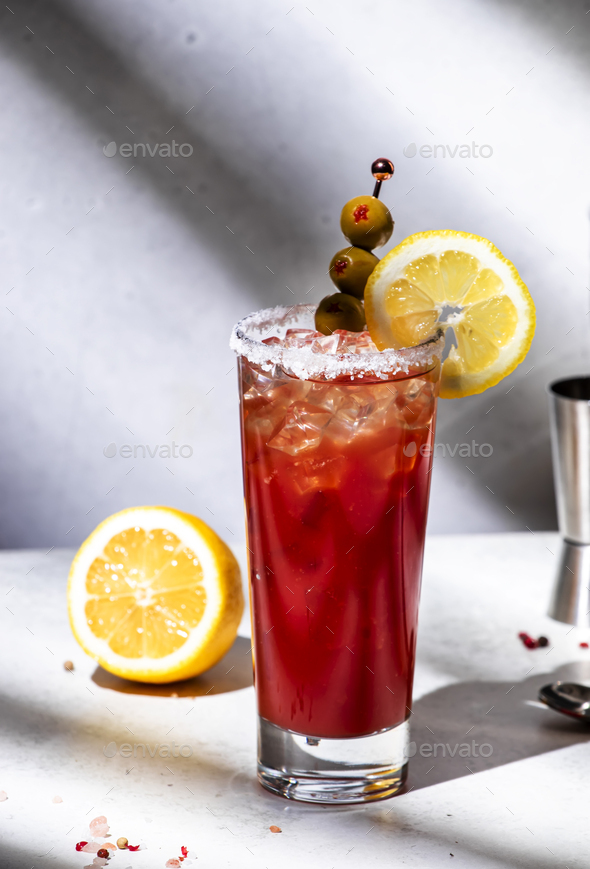 Bloody Joseph alcoholic cocktail drink, variation of Bloody Mary with tomato juice, vodka, lemon