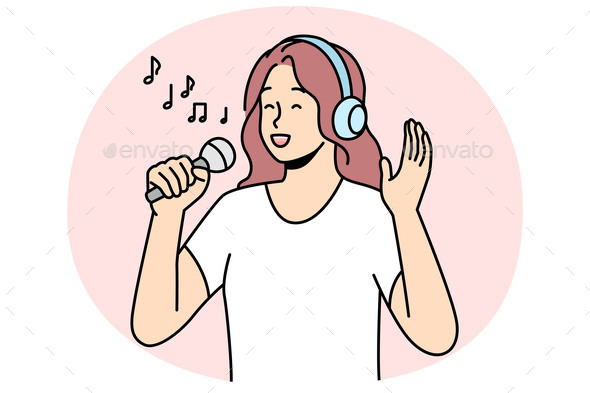 Happy Woman Singing in Microphone