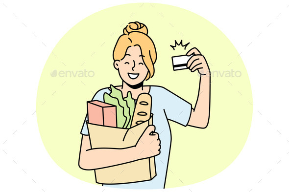 Smiling Woman Grocery Shopping with Credit Card