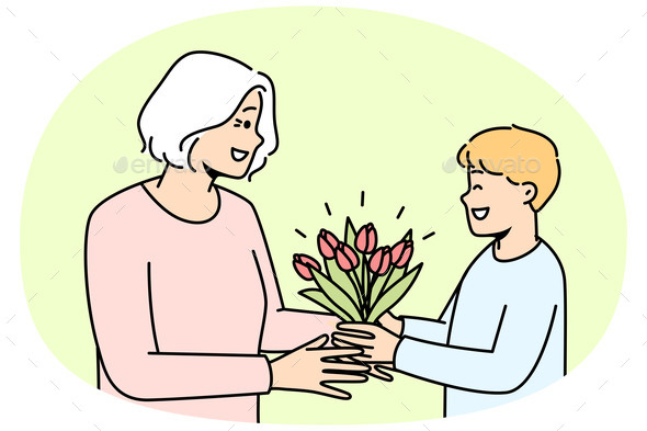 Smiling Boy Greeting Granny with Flowers