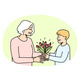 Smiling Boy Greeting Granny with Flowers