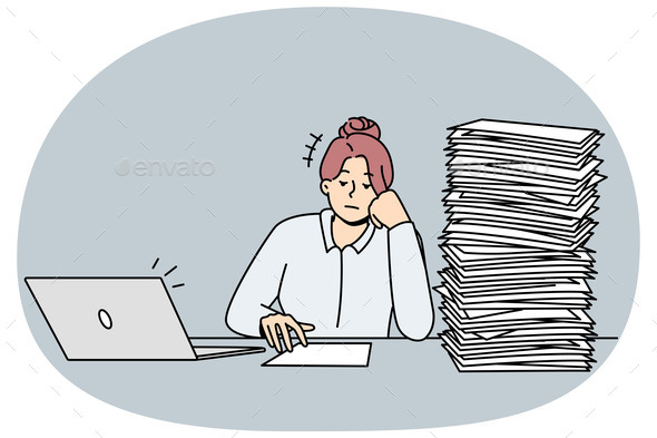Tired Businesswoman with Pile of Paperwork