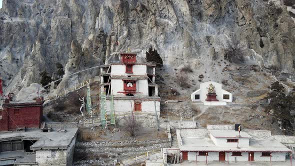 Flying over building in Bhraka Nepal, viewing monastery alt