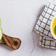 Delicious zucchini soup puree in a bowl and pieces of bread on the table top view web banner - PhotoDune Item for Sale