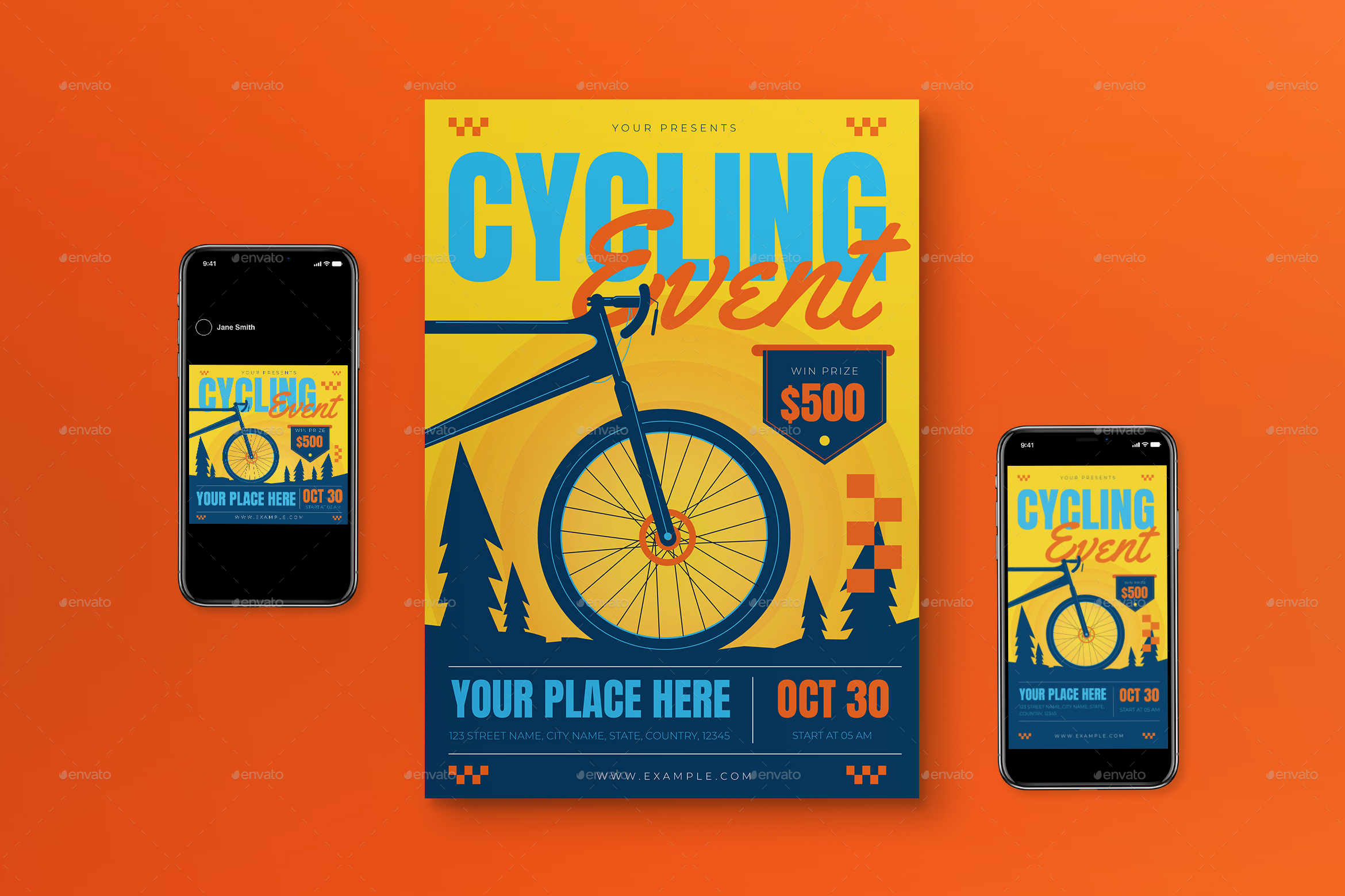 Yellow Retro Cycling Event Flyer Set by graphicook | GraphicRiver