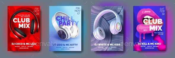Set of Club Posters with Headphones Dance Party