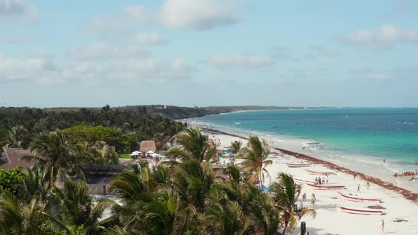 Aerial Top to Bottom View of Beautiful Tropical Beach with a Crowd of People with Palm Trees and alt