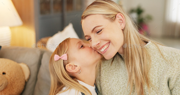 Love, mom and daughter kiss in home with cute smile for care, appreciation and gratitude. Mama, hap