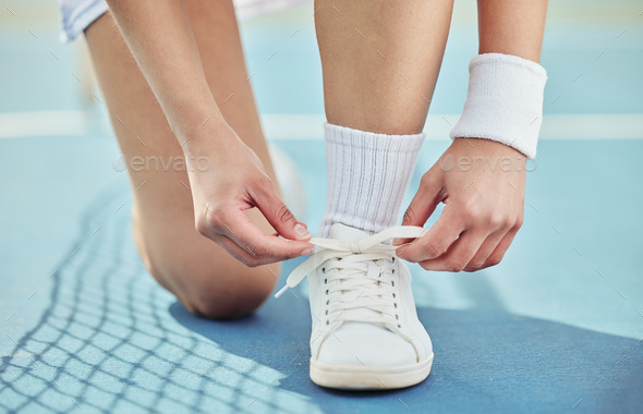 Hands, tie sneakers and start tennis game, person on court with fitness and sports outdoor. Closeup