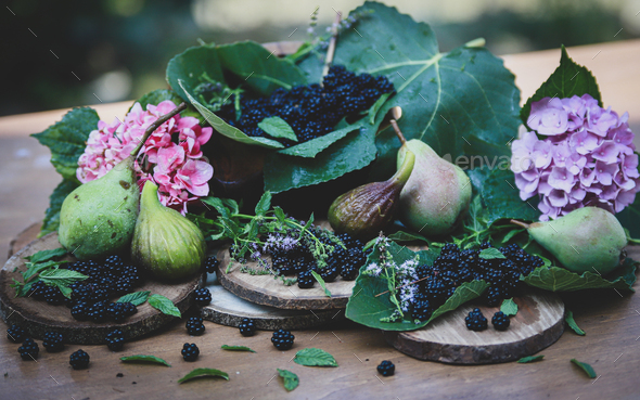 composition of freshly picked fruit (blackberries, figs and pears) - concept of fresh and natural fo