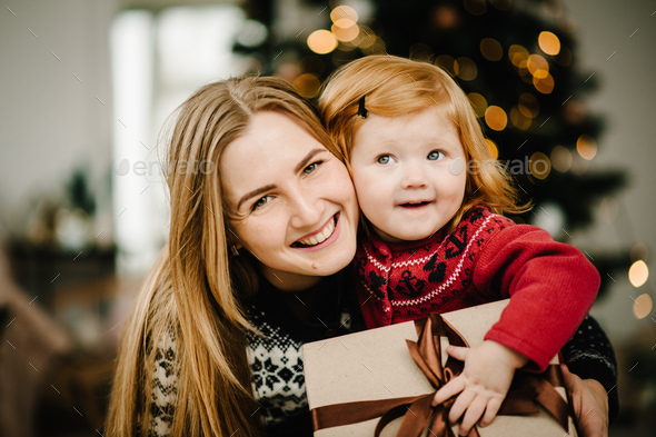 Cute Mother Daughter Hugging Christmas Gifts Next Christmas Tree