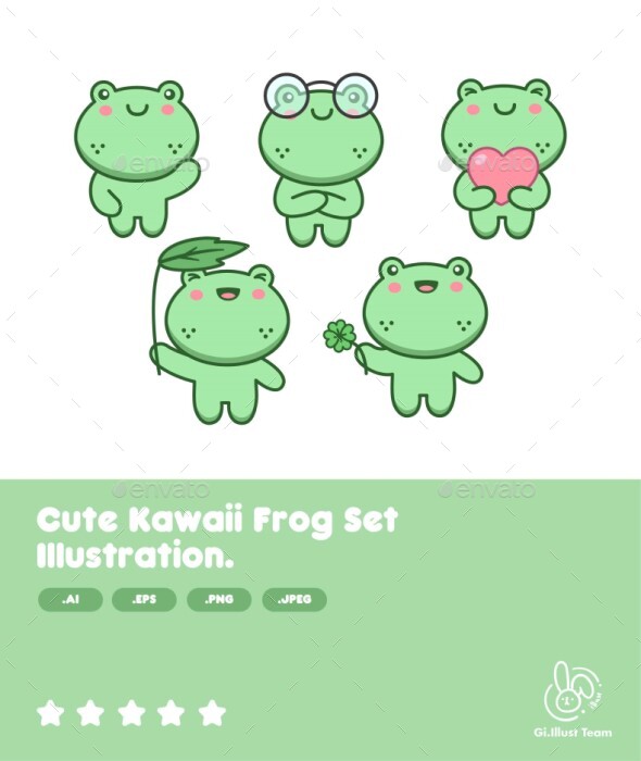 Cute Kawaii Frog Set Illustration.
