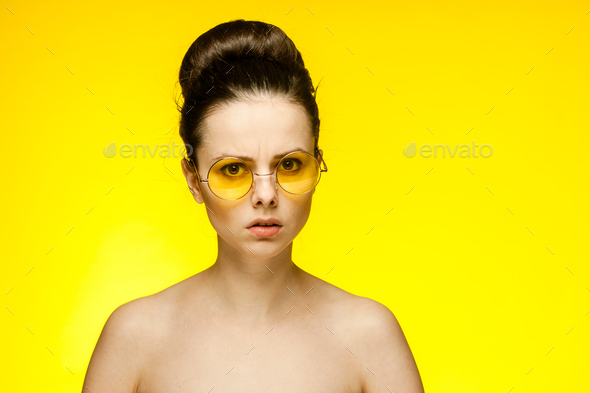 Woman Naked Shoulders Surprised Look Yellow Glasses Isolated Background Stock Photo By Shotprime