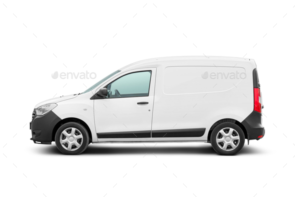 Panel van side view isolated on a white. Side view of a modern blank sedan delivery.
