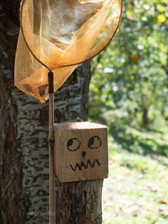 Funny face drawn on a wooden bucket next to a butterfly catcher