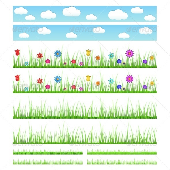 Set of Seamless Grass with Flowers - Flowers & Plants Nature