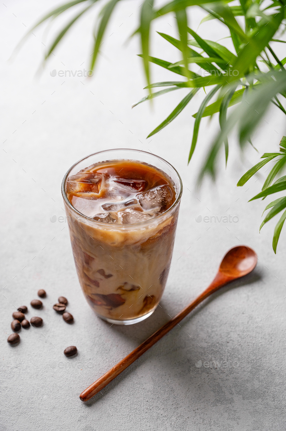 Iced Latte Coffee In A Glass With Cold Milk. Summer Drink Stock