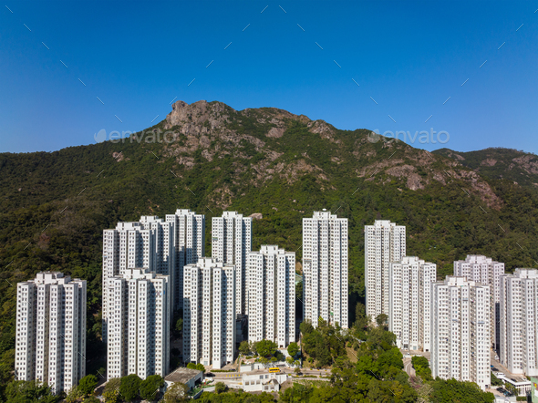 Hong Kong lion rock mountain with residential district