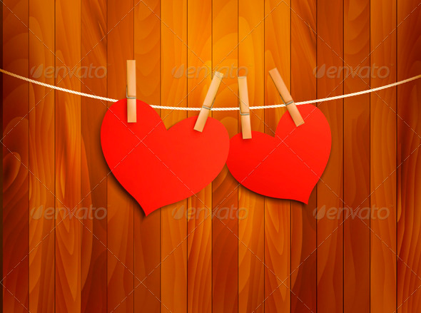 Two Red Loving Hearts Hanging on a Rope - Valentines Seasons/Holidays