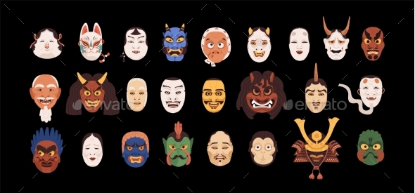 Japanese Theatrical Noh Masks Set