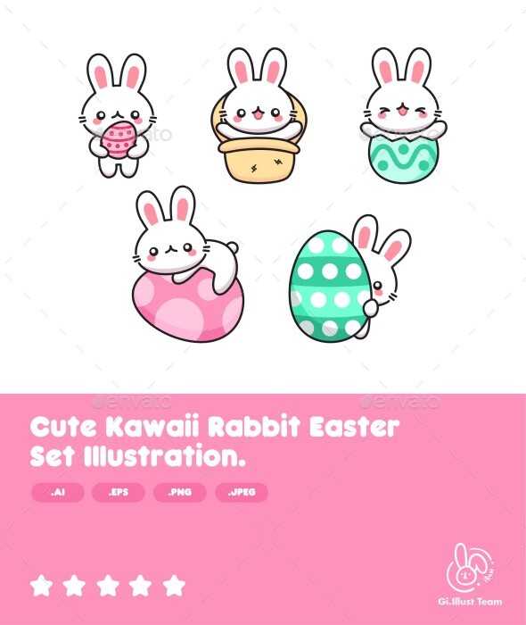 Cute Kawaii Rabbit Easter Set Illustration.