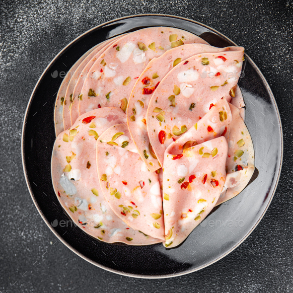 mortadella sausage slice marinated vegetable olive, pickled cucumber