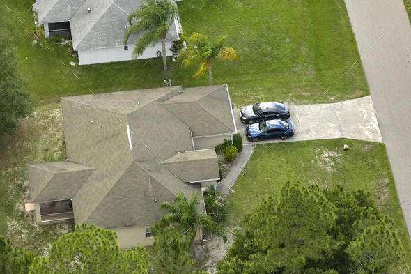 Aerial view of typical contemporary american private house with roof top