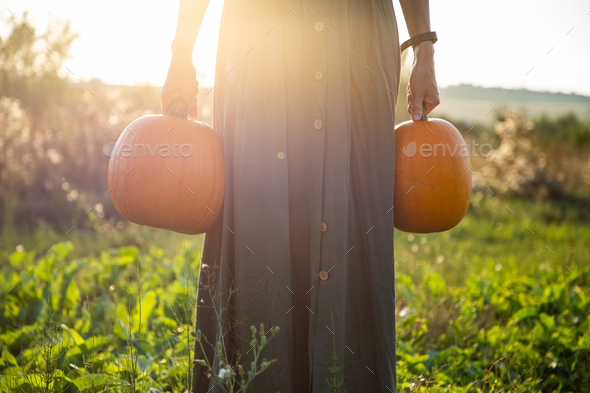 woman holding Halloween pumpkins Stock Photo by melis82 | PhotoDune