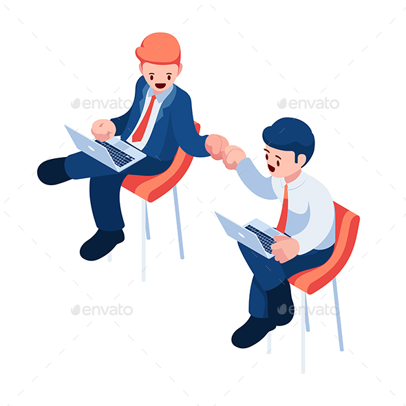 [DOWNLOAD]Isometric Businesspeople Working on Laptop Giving Each Other a Fist Bump