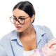 young woman in eyeglasses holding infant baby isolated on white, banner - PhotoDune Item for Sale