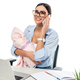 happy businesswoman holding infant child while talking on smartphone at workplace isolated on white - PhotoDune Item for Sale