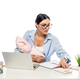 young mother holding newborn baby while working near laptop isolated on white - PhotoDune Item for Sale