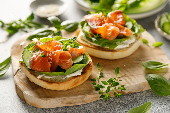 Salmon sandwiches with cream cheese, fresh romaine lettuce and cucumber ...