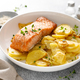 Salmon grilled and baked potato with onions - PhotoDune Item for Sale