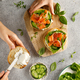Salmon sandwiches with cream cheese, fresh romaine lettuce and cucumber, top down view - PhotoDune Item for Sale